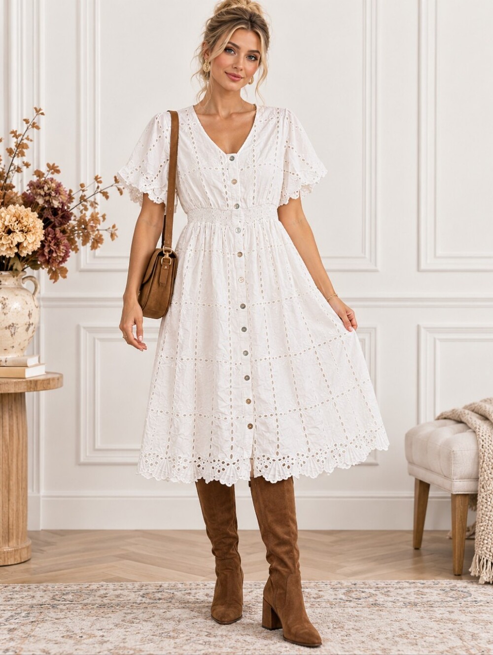 Petal + Pup White Cotton Eyelet Midi Dress See Description For Sizing.